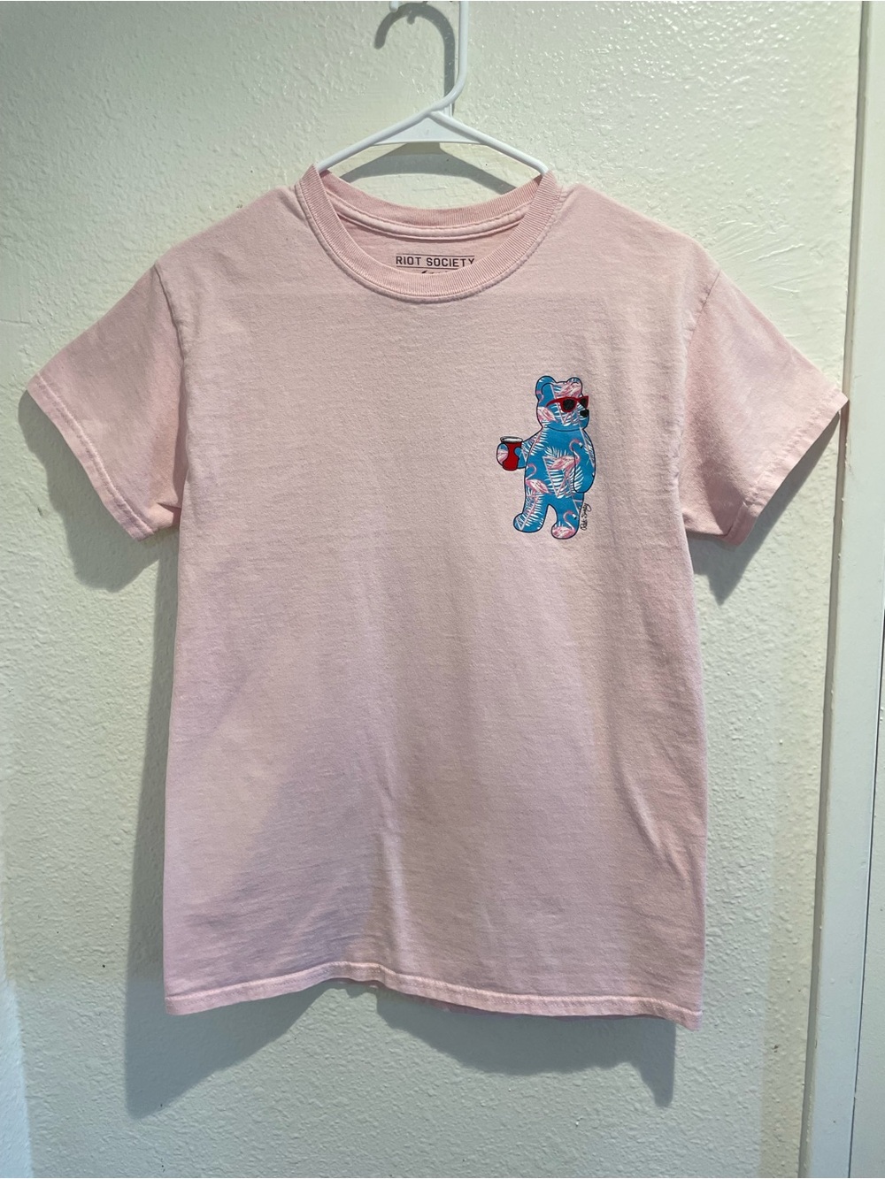Riot Society Tropical Flamingo Party Bear Tee 🦩 Pink Men’s Small 🍻